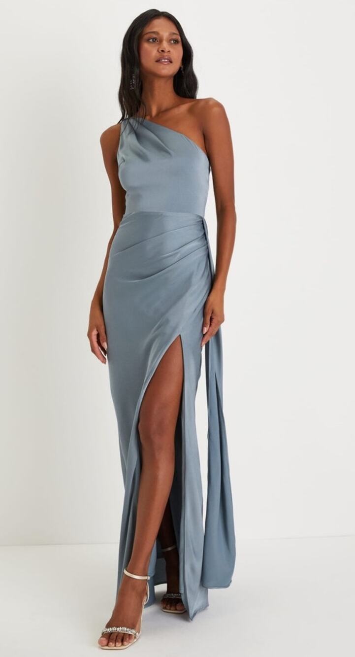 NWT Lulus Signature Elegance Slate Blue Satin One-Shoulder Maxi Dress Size XL